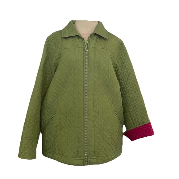 Quacker Factory Jackets & Blazers - The Quacker Factory Quilted Jacket 1X Green/Pink 100% Silk Zip‎ Embellished Coat